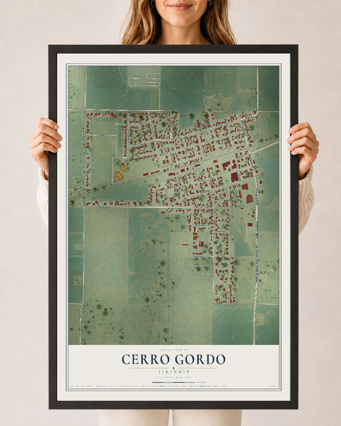 Map of Cerro Gordo, Illinois, 24 x 36 inch print in a black wood frame