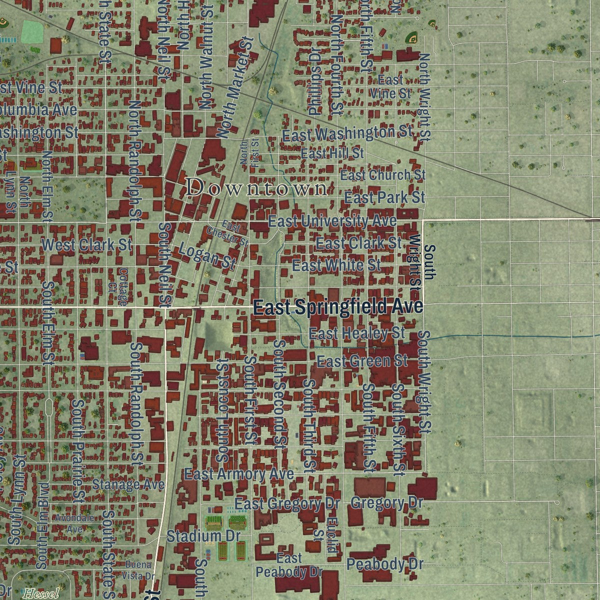 Second close-up of the map of Champaign, Illinois print showing more streets and buildings