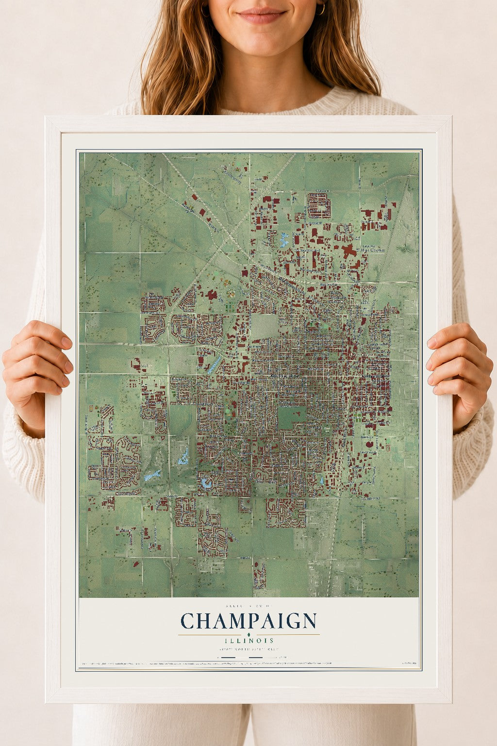 Map of Champaign, Illinois, 18 x 24 inch print in a white wood frame