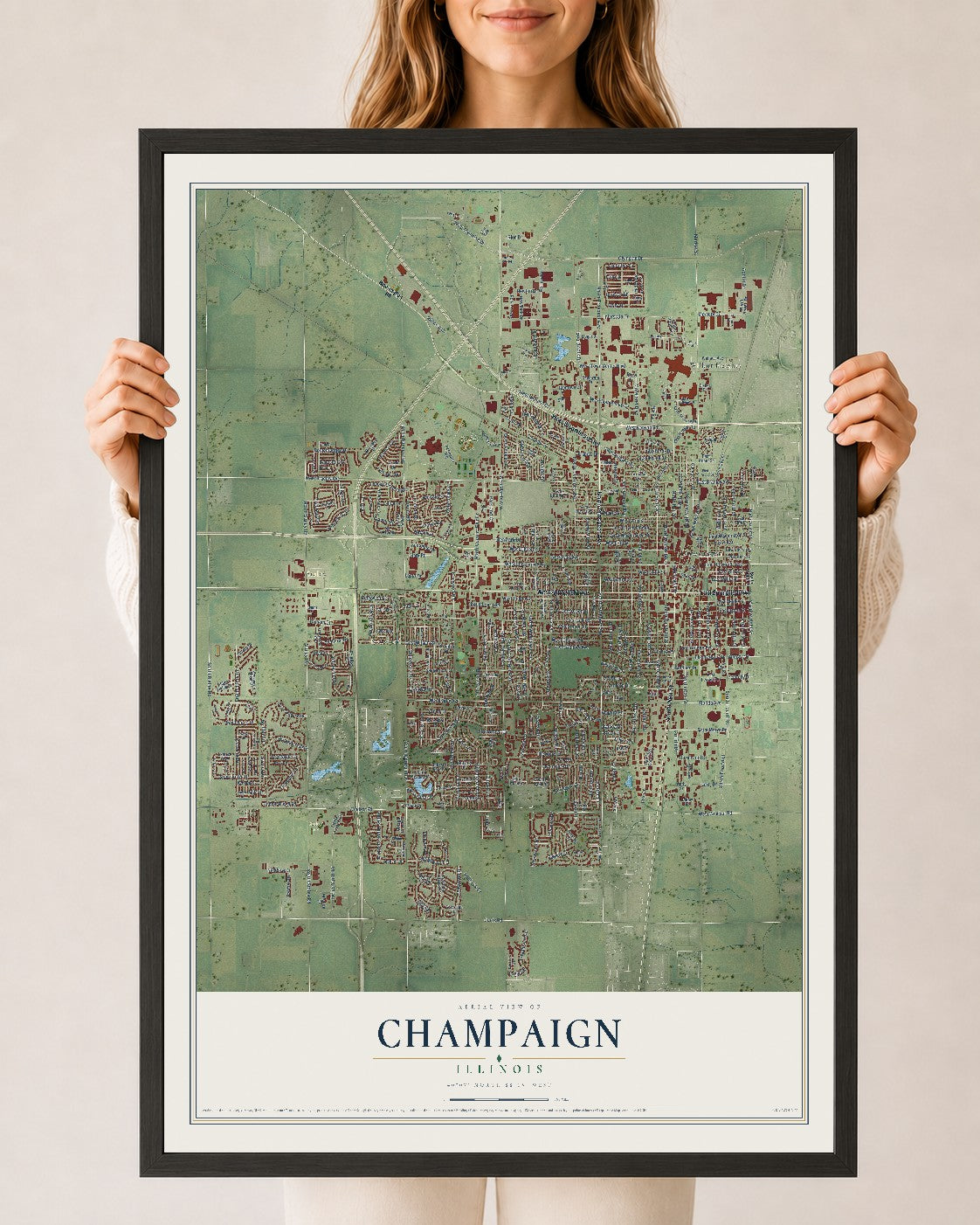 Map of Champaign, Illinois, 24 x 36 inch print in a black wood frame