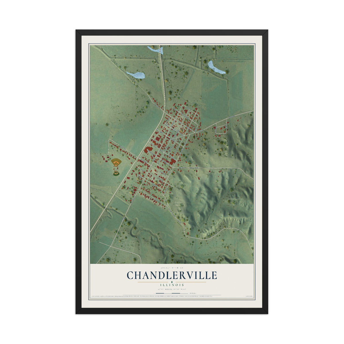 Map of Chandlerville, Illinois, 12 x 18 inch print in a black wood frame