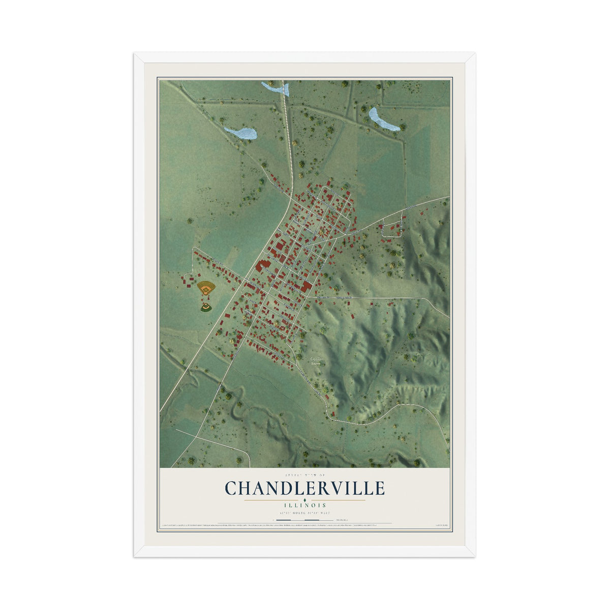 Map of Chandlerville, Illinois, 12 x 18 inch print in a white wood frame