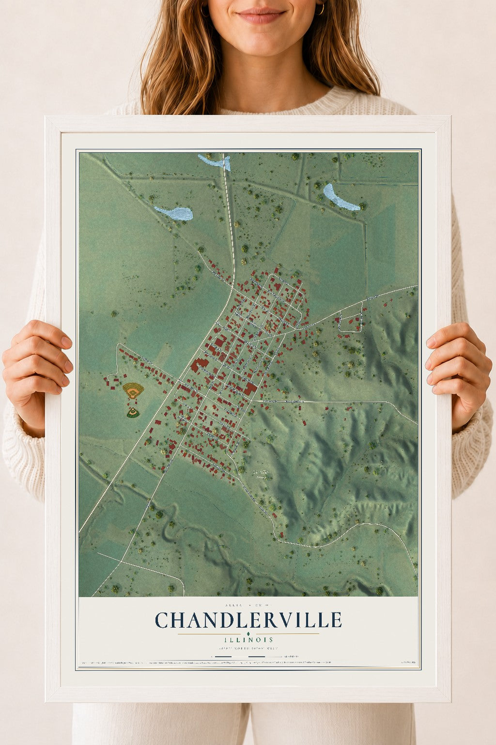 Map of Chandlerville, Illinois, 18 x 24 inch print in a white wood frame