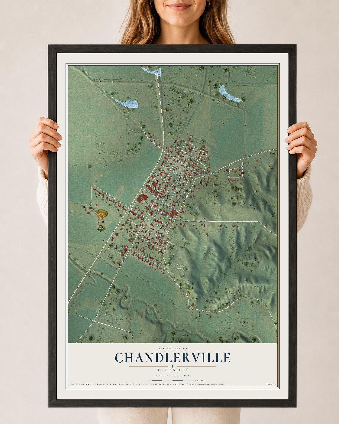 Map of Chandlerville, Illinois, 24 x 36 inch print in a black wood frame