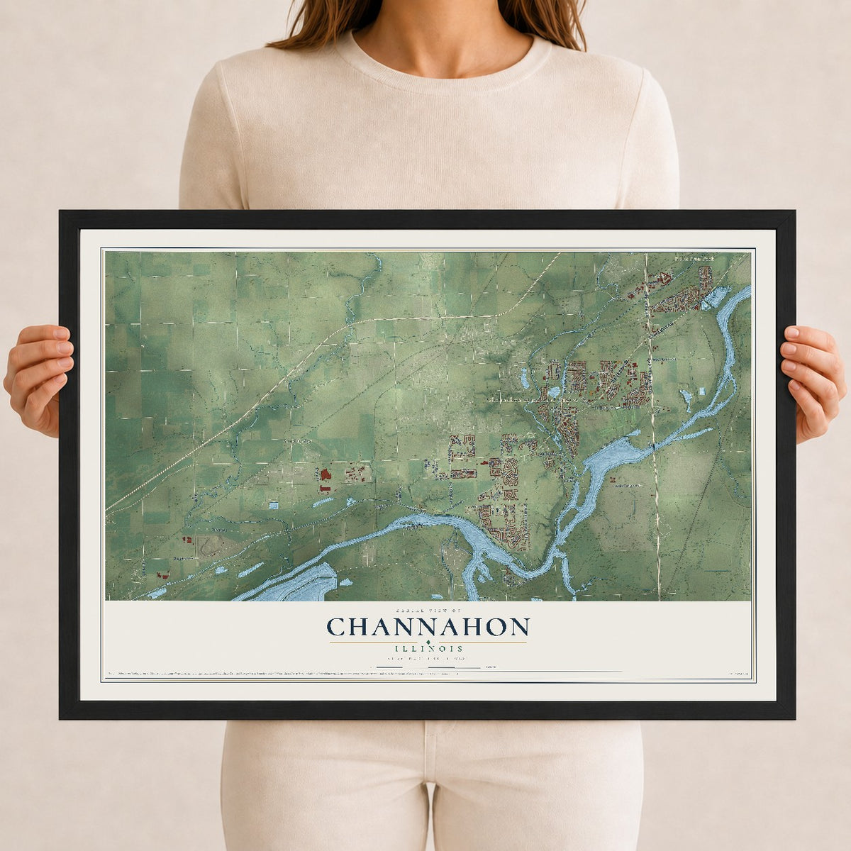 Map of Channahon, Illinois, 12 x 18 inch print in a black wood frame