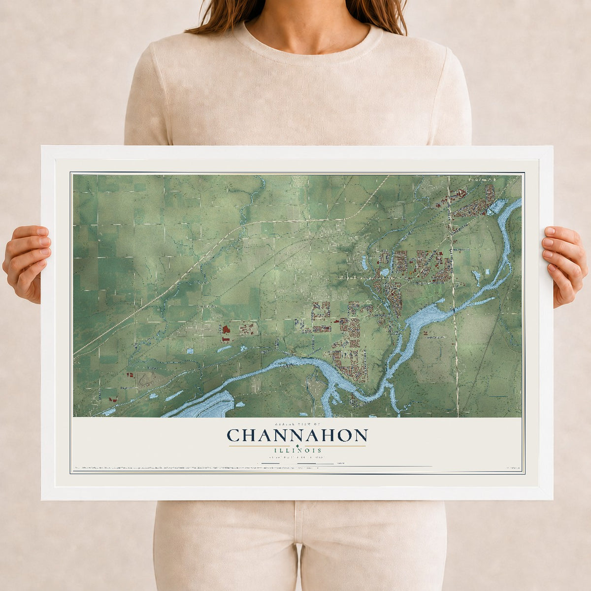 Map of Channahon, Illinois, 12 x 18 inch print in a white wood frame