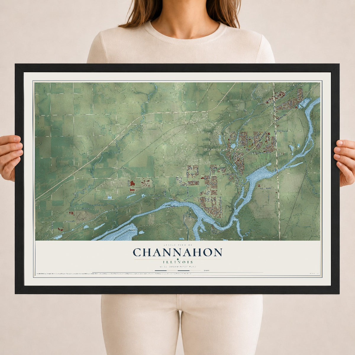Map of Channahon, Illinois, 18 x 24 inch print in a black wood frame