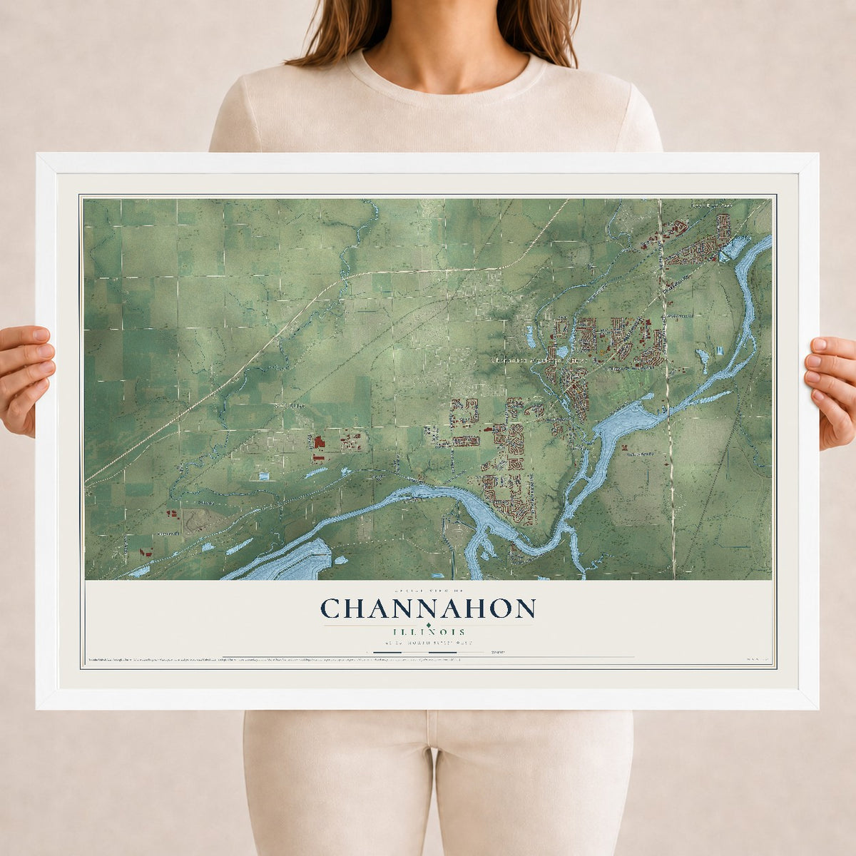 Map of Channahon, Illinois, 18 x 24 inch print in a white wood frame