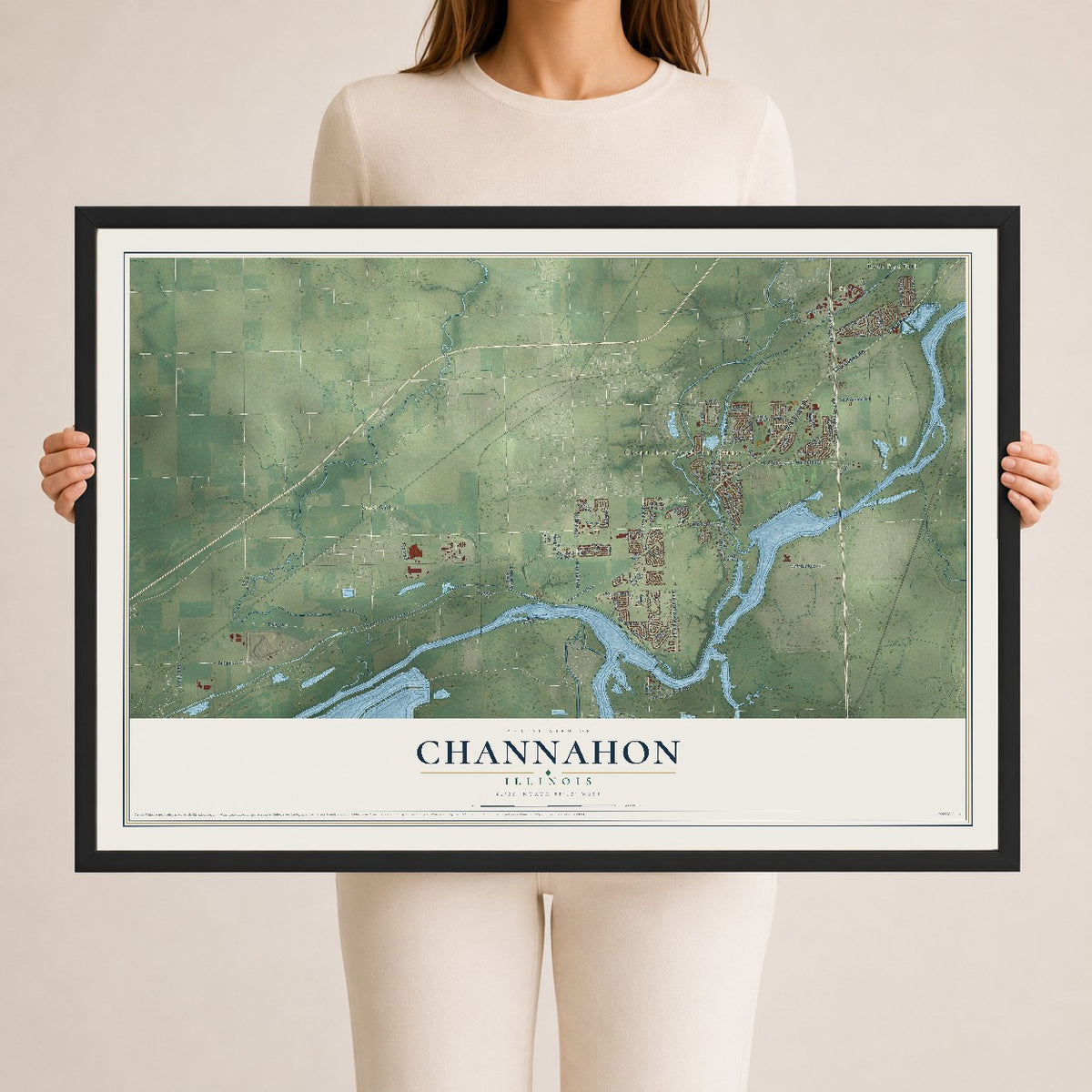 Map of Channahon, Illinois, 24 x 36 inch print in a black wood frame