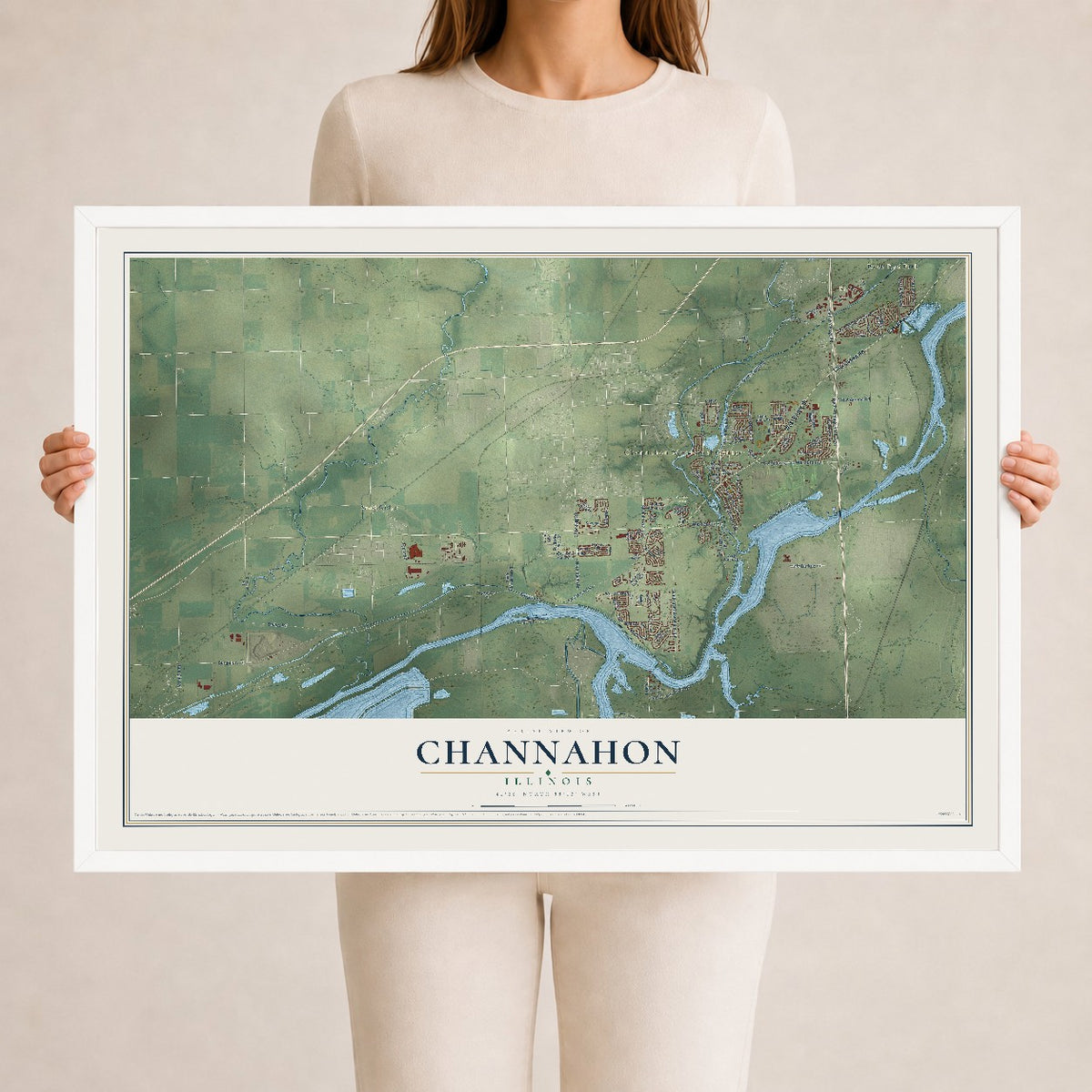 Map of Channahon, Illinois, 24 x 36 inch print in a white wood frame