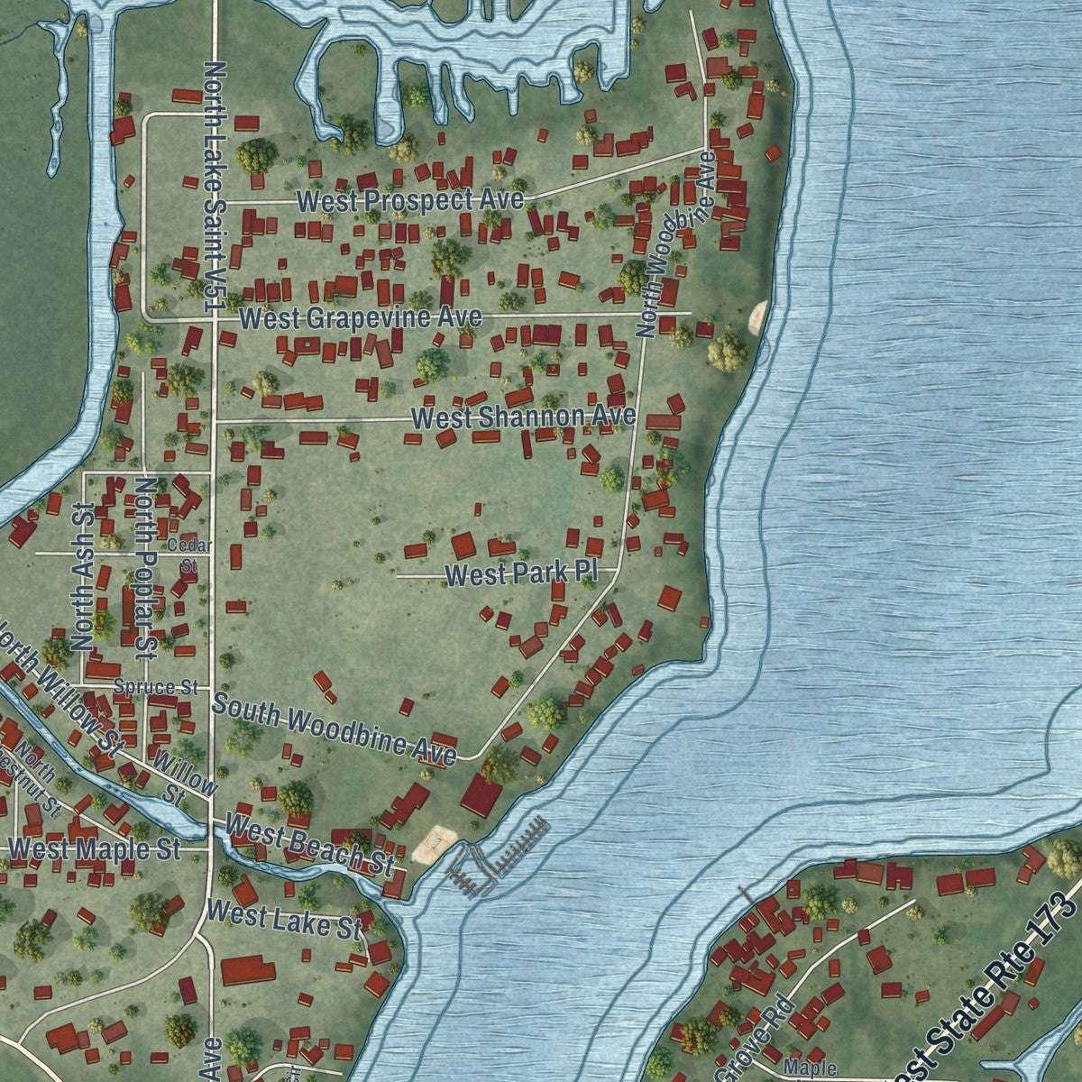 Close-up of the map of Channel Lake, Illinois print showing street and building detail