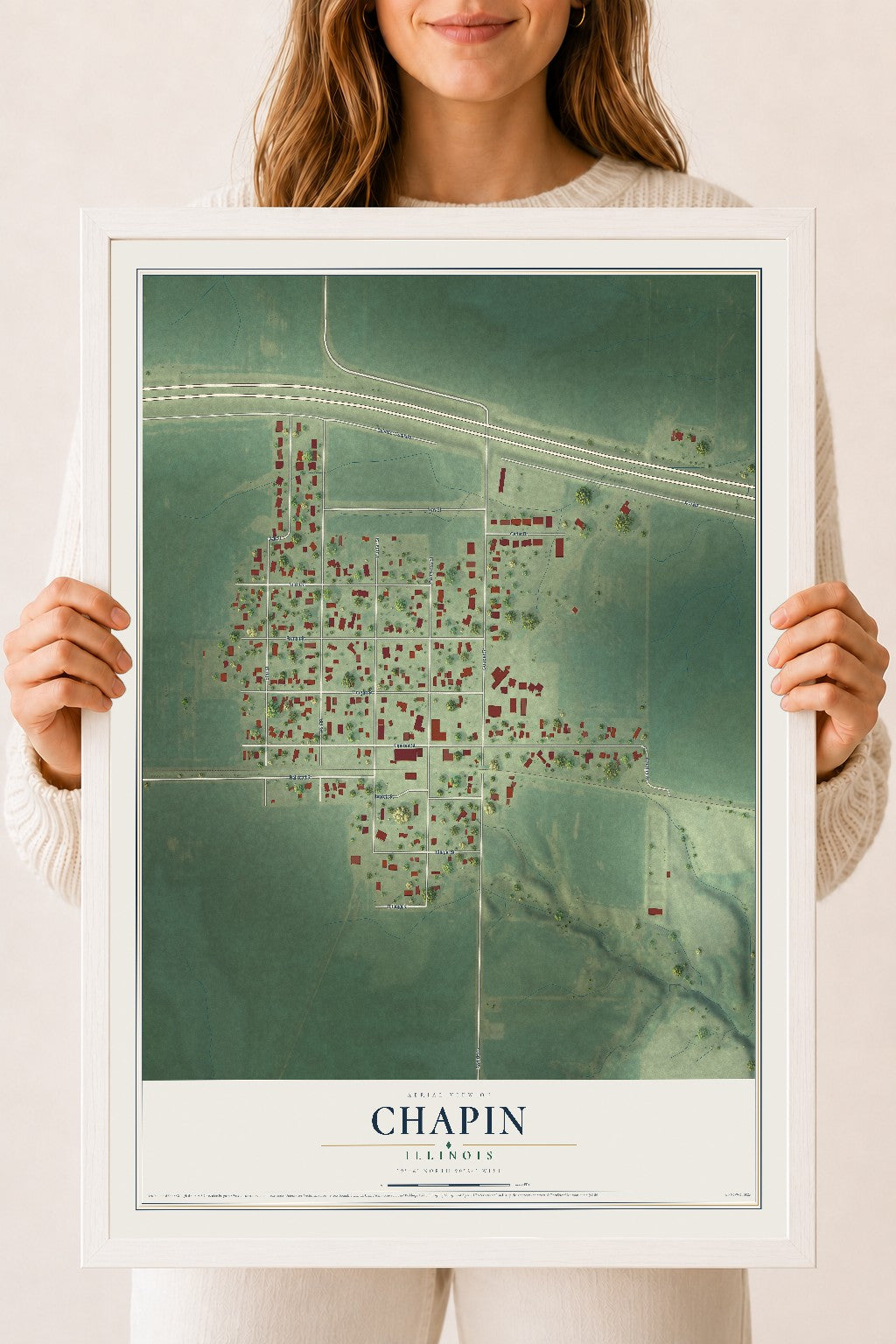 Map of Chapin, Illinois, 18 x 24 inch print in a white wood frame