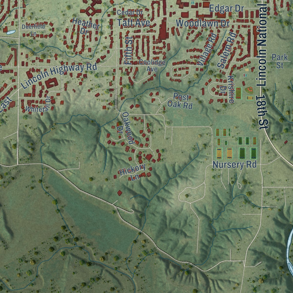 Second close-up of the map of Charleston, Illinois print showing more streets and buildings