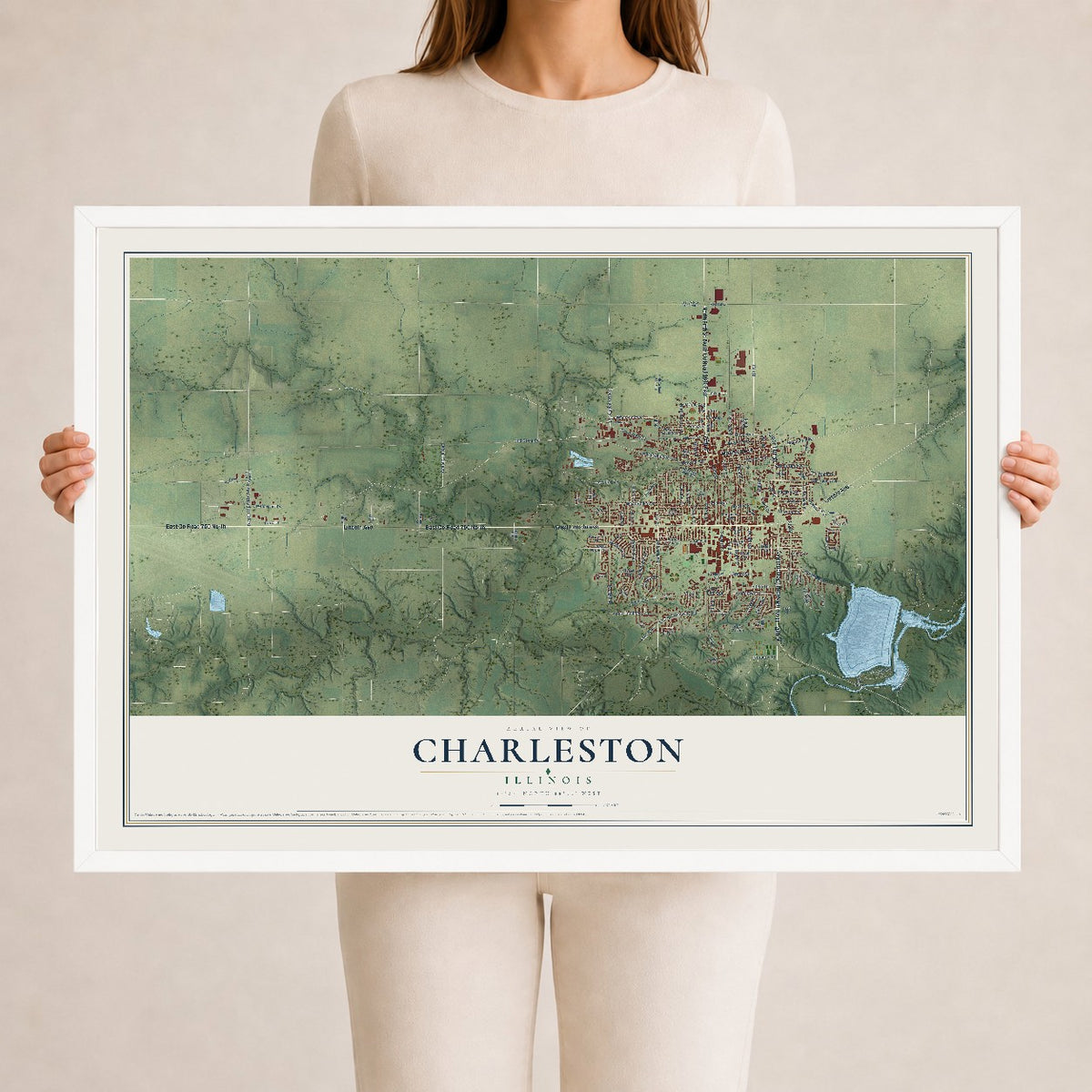Map of Charleston, Illinois, 24 x 36 inch print in a white wood frame