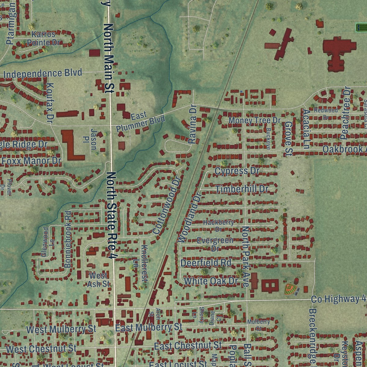 Close-up of the map of Chatham, Illinois print showing street and building detail