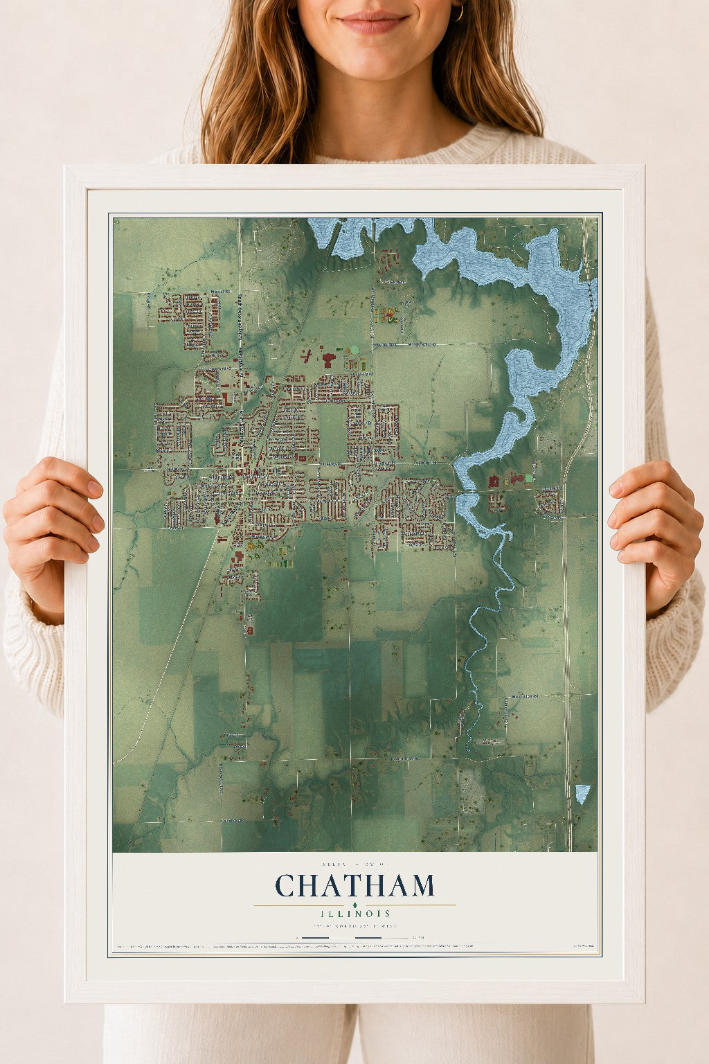 Map of Chatham, Illinois, 18 x 24 inch print in a white wood frame