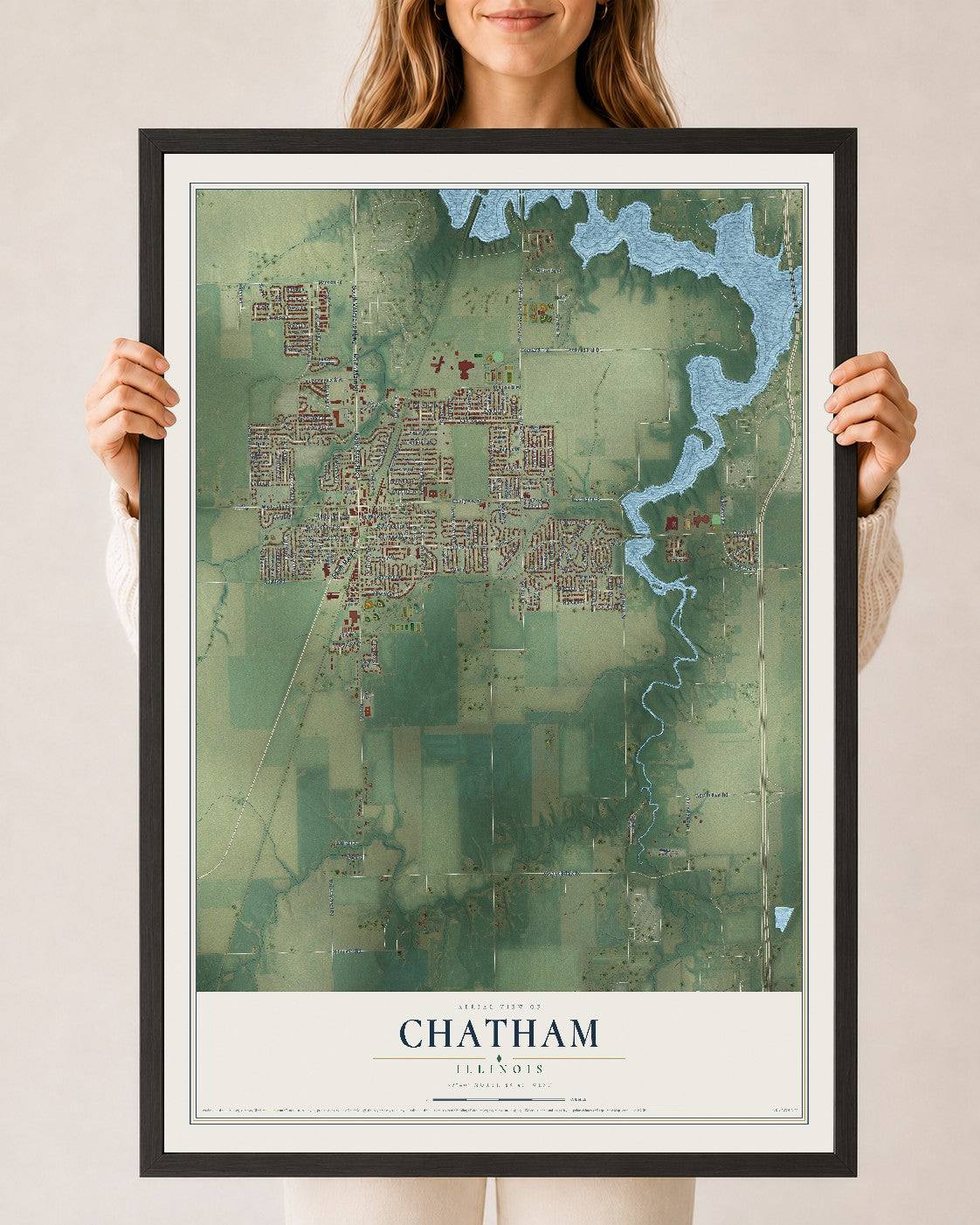Map of Chatham, Illinois, 24 x 36 inch print in a black wood frame