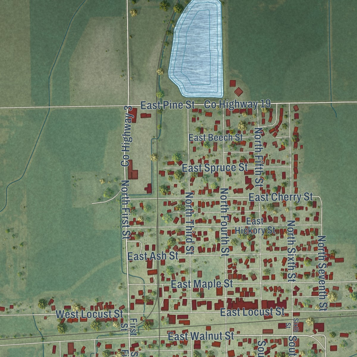Close-up of the map of Chatsworth, Illinois print showing street and building detail