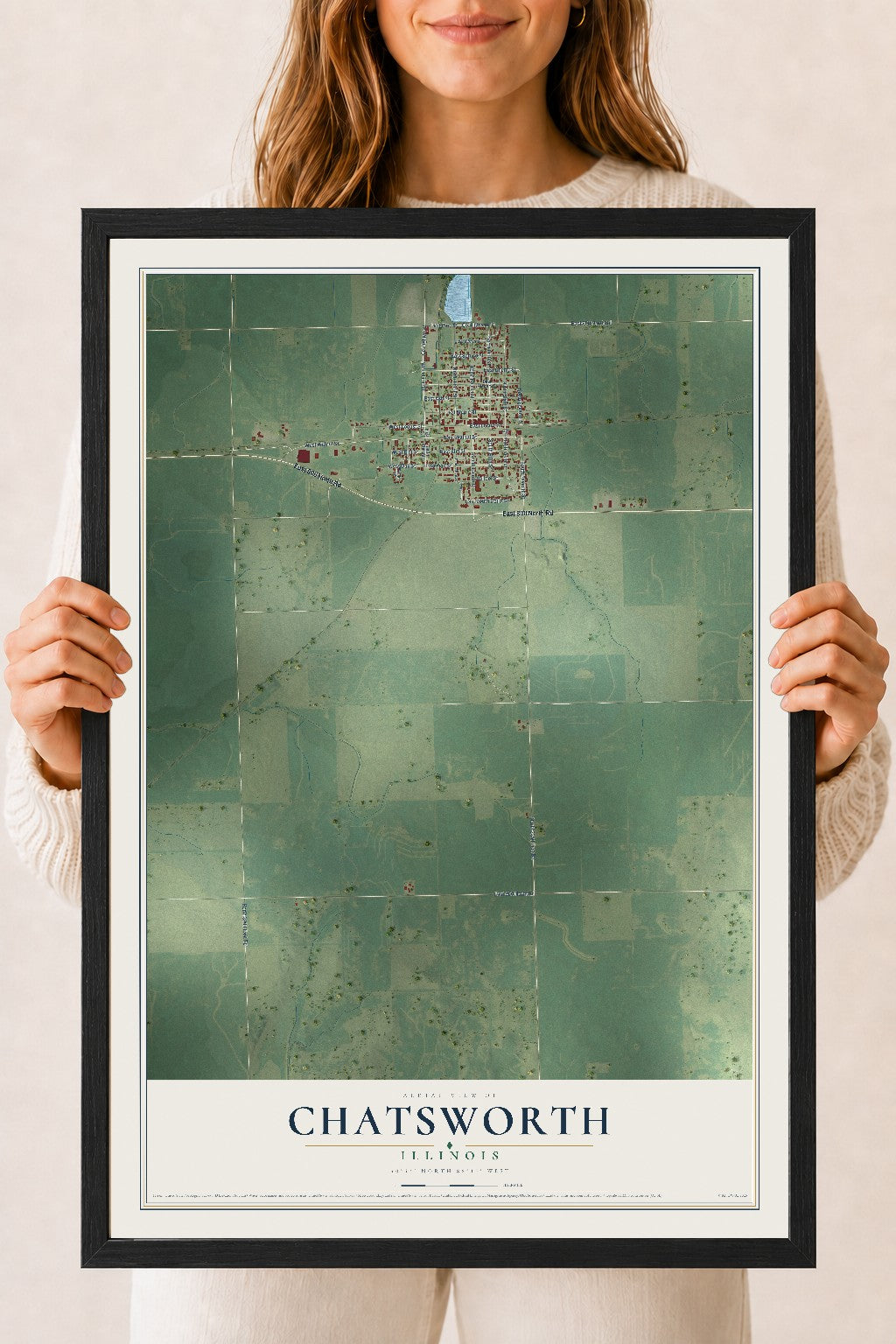 Map of Chatsworth, Illinois, 18 x 24 inch print in a black wood frame