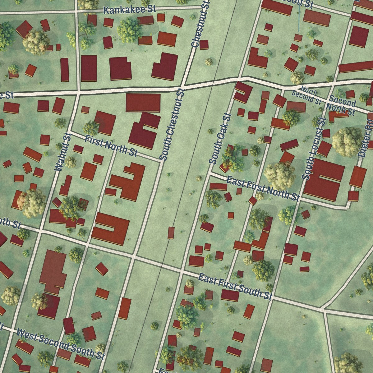 Close-up of the map of Chebanse, Illinois print showing street and building detail