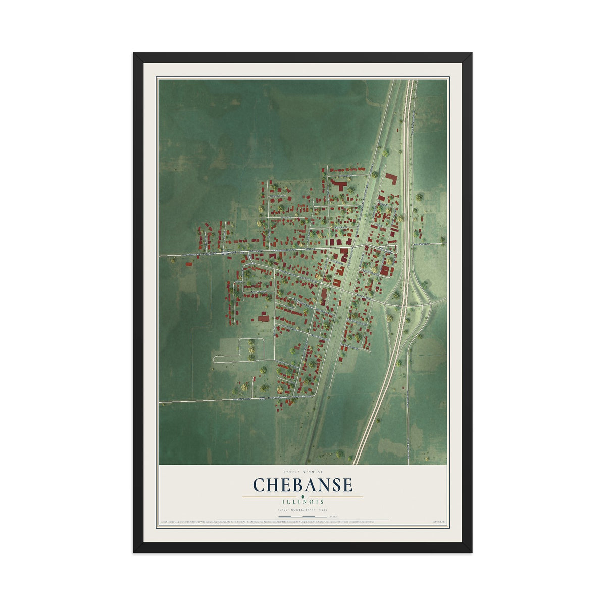 Map of Chebanse, Illinois, 12 x 18 inch print in a black wood frame