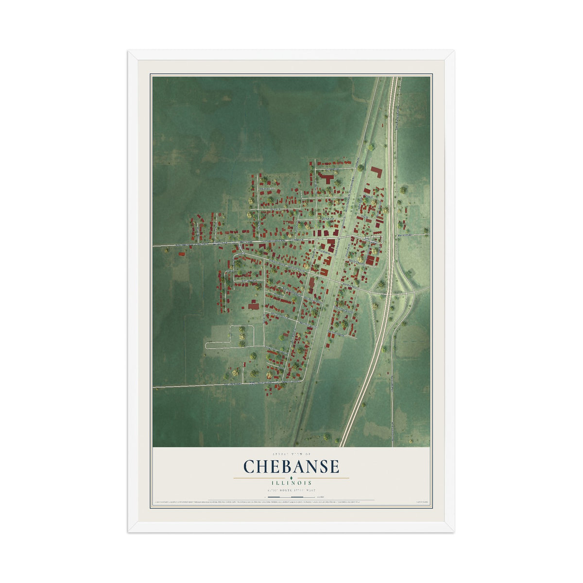 Map of Chebanse, Illinois, 12 x 18 inch print in a white wood frame