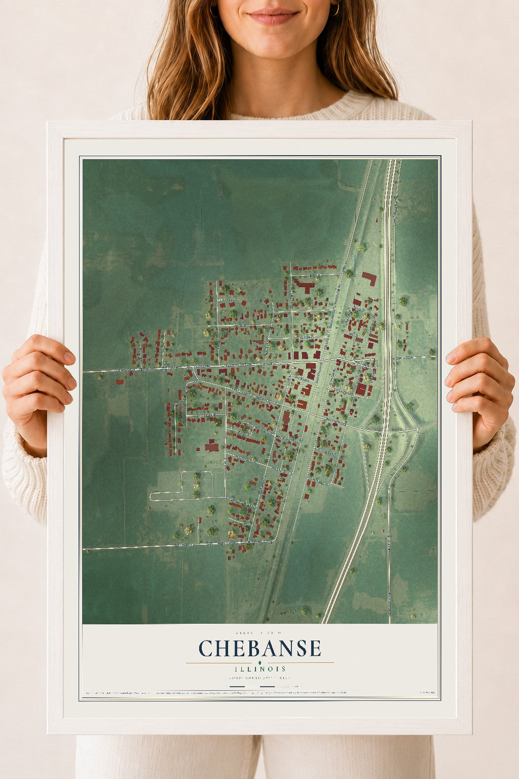 Map of Chebanse, Illinois, 18 x 24 inch print in a white wood frame