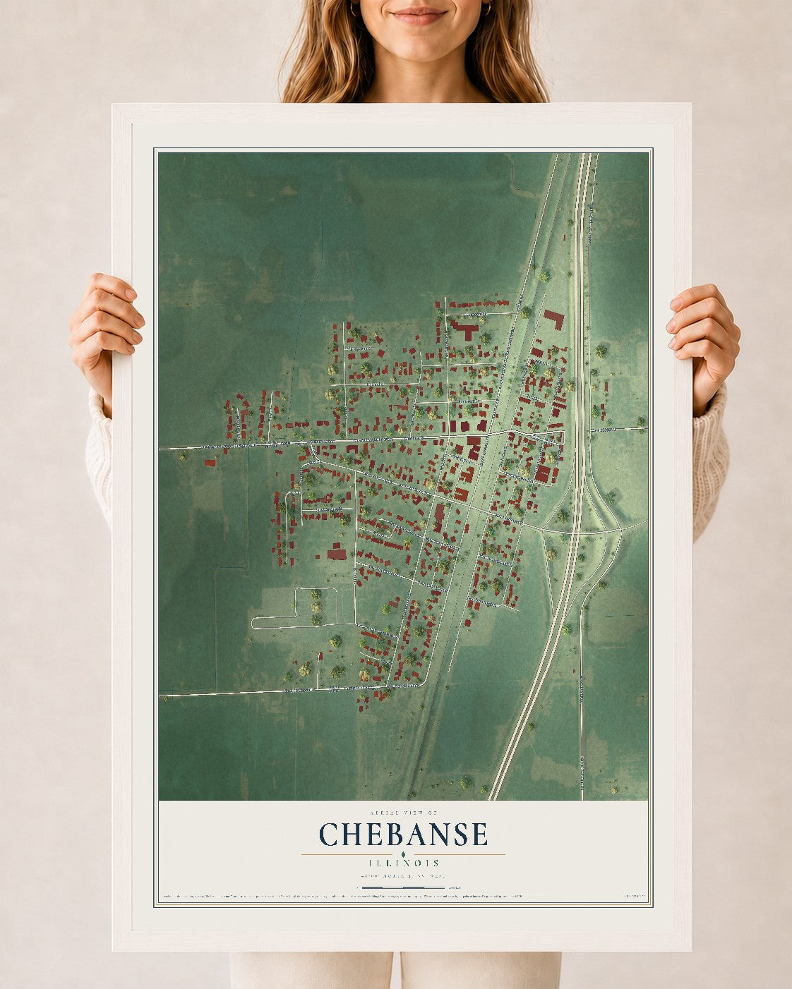 Map of Chebanse, Illinois, 24 x 36 inch print in a white wood frame