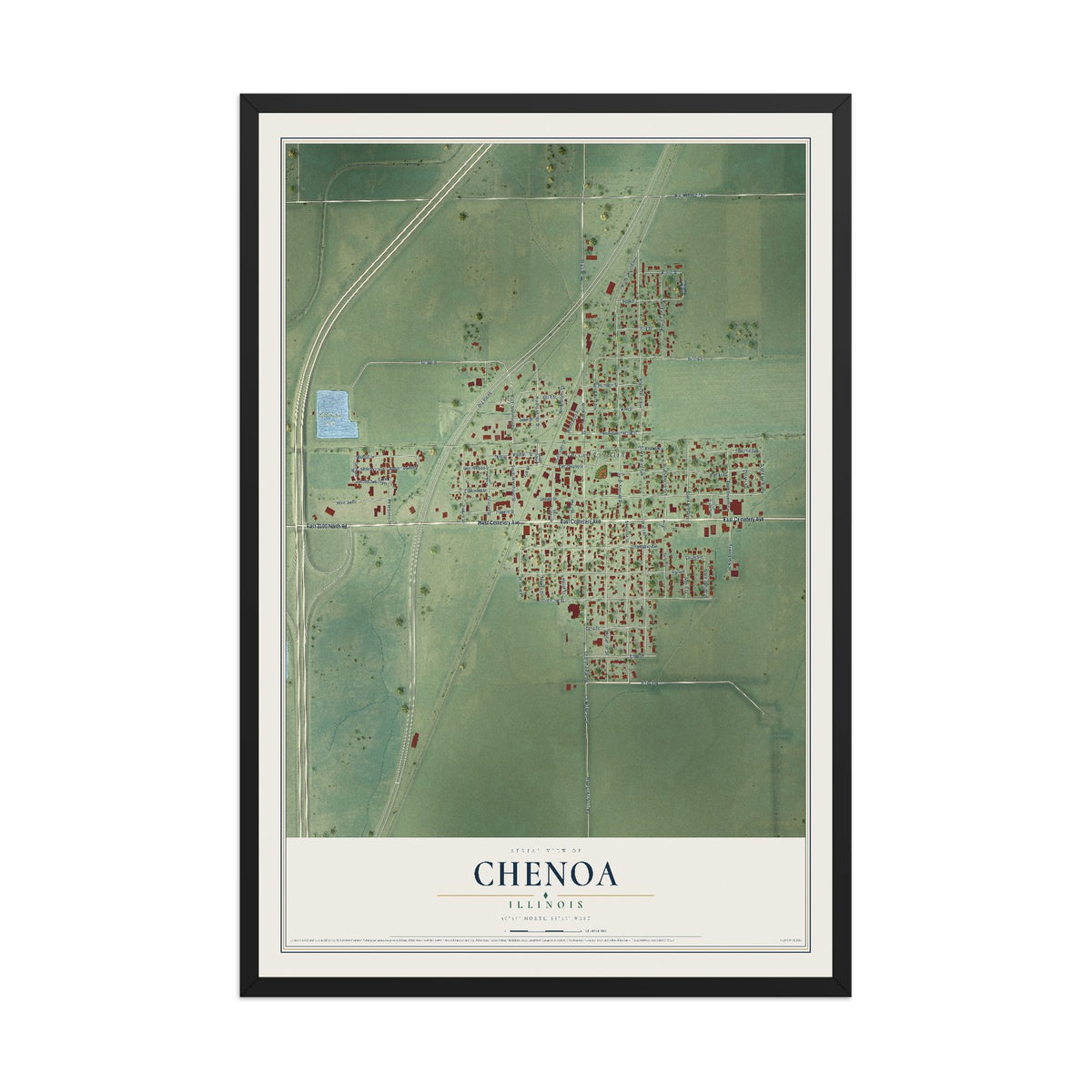 Map of Chenoa, Illinois, 12 x 18 inch print in a black wood frame