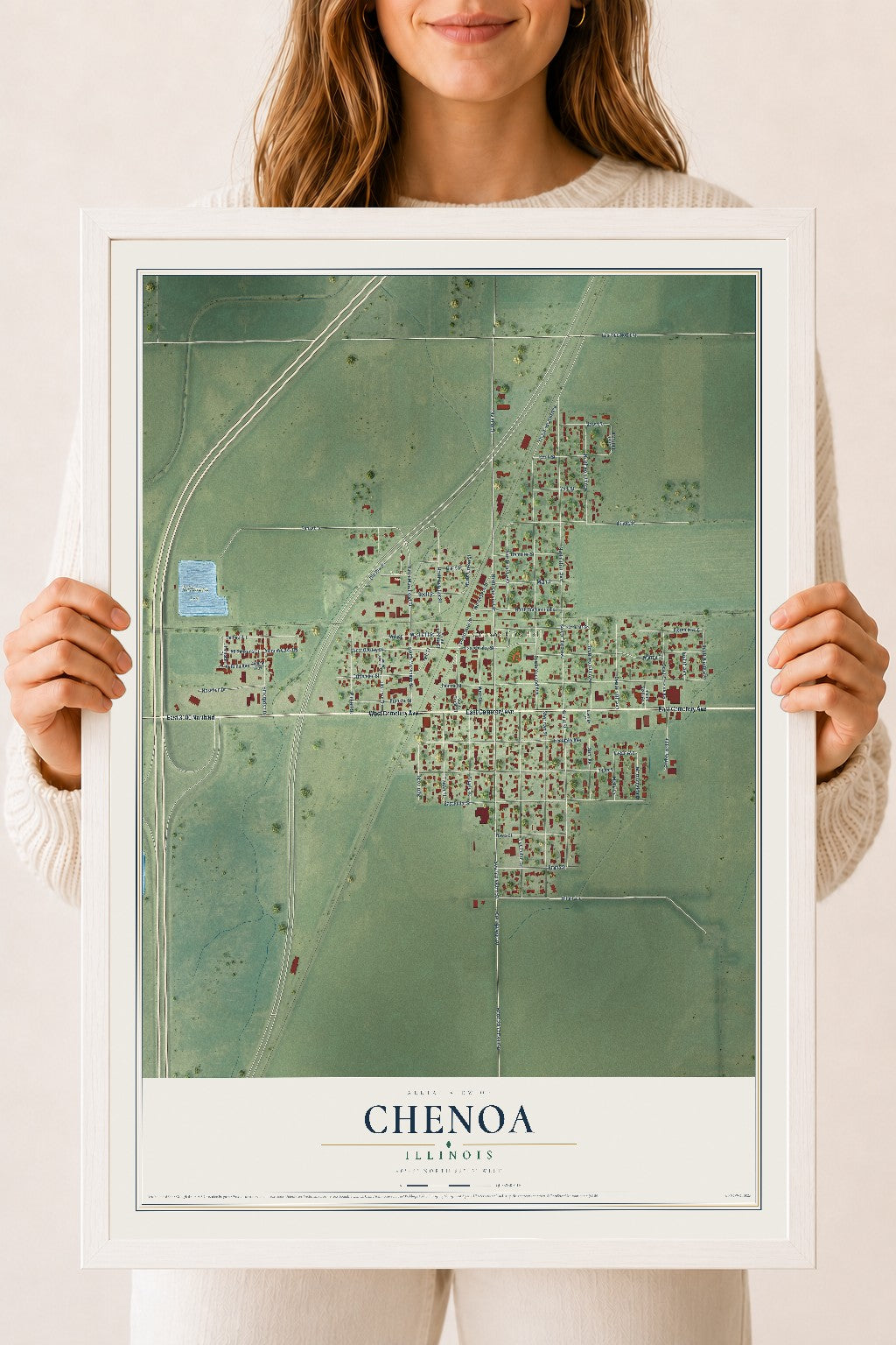 Map of Chenoa, Illinois, 18 x 24 inch print in a white wood frame