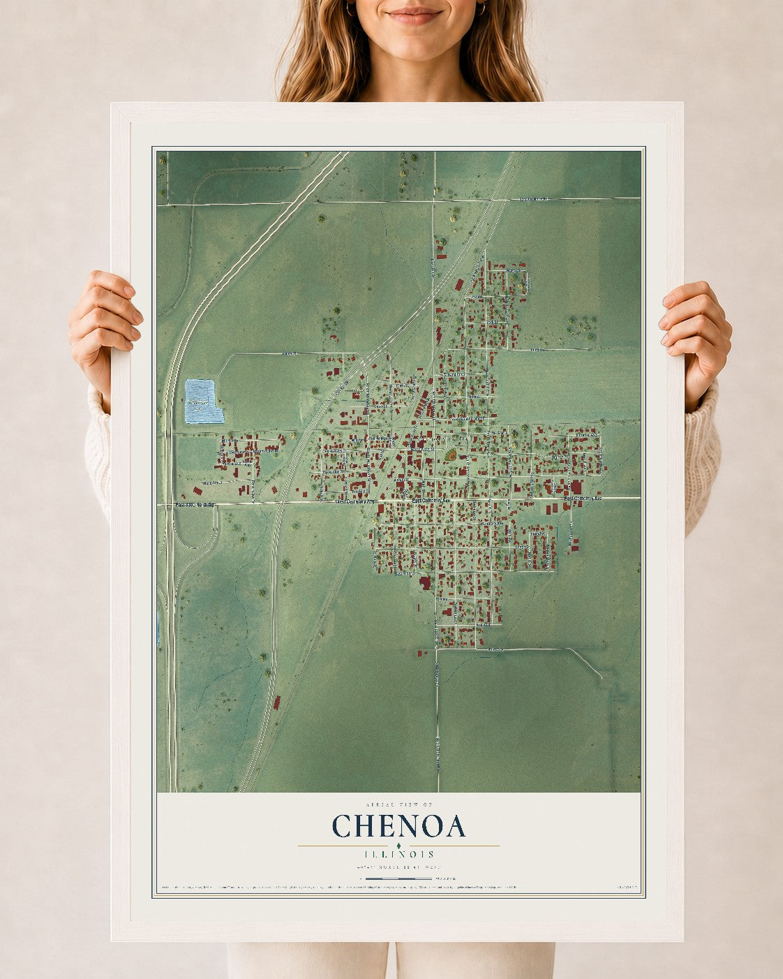Map of Chenoa, Illinois, 24 x 36 inch print in a white wood frame