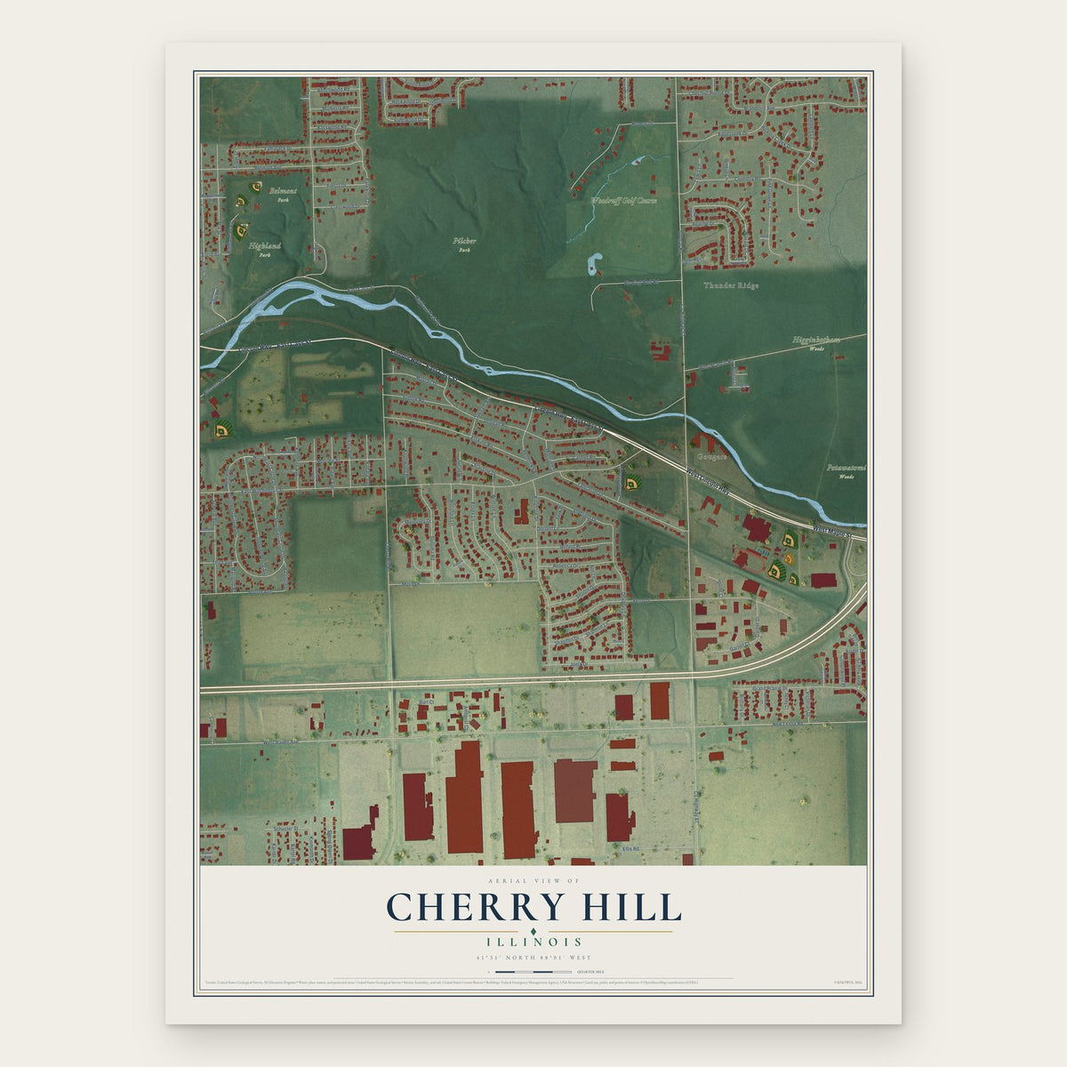 Cherry Hill, Illinois map print, the full design