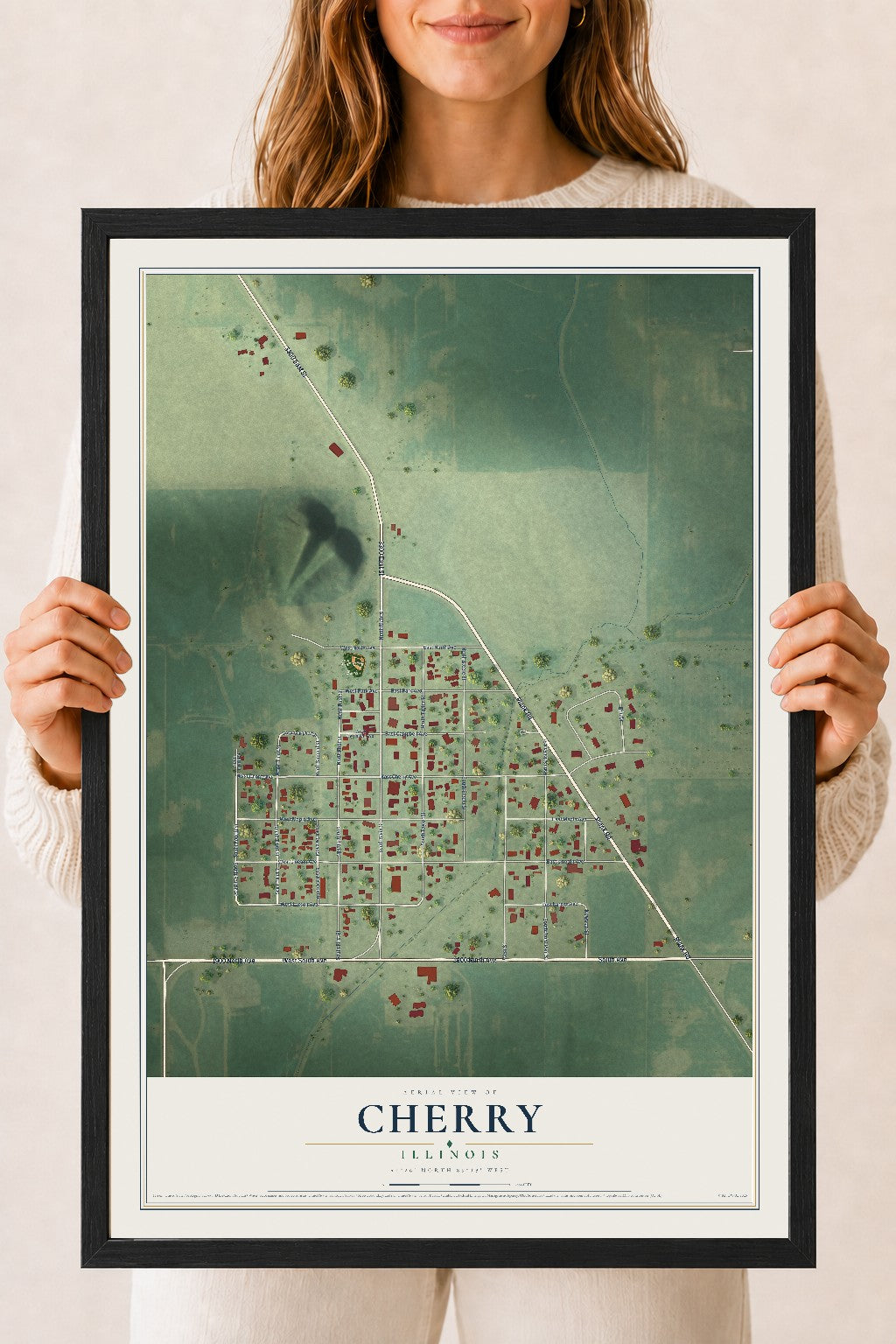 Map of Cherry, Illinois, 18 x 24 inch print in a black wood frame