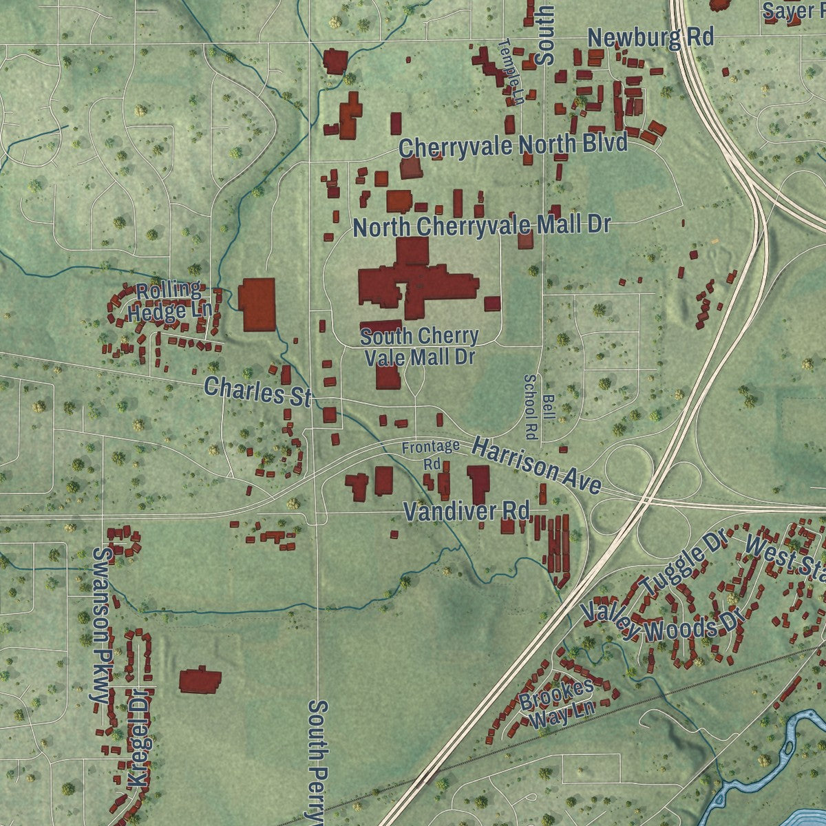 Close-up of the map of Cherry Valley, Illinois print showing street and building detail