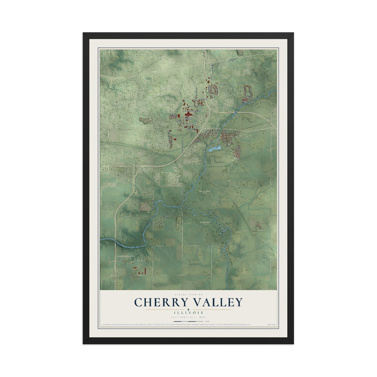 Map of Cherry Valley, Illinois, 12 x 18 inch print in a black wood frame