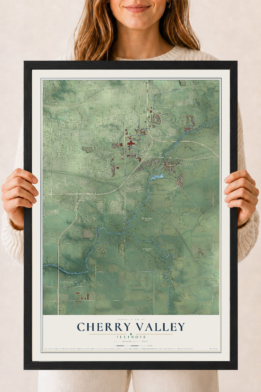Map of Cherry Valley, Illinois, 18 x 24 inch print in a black wood frame
