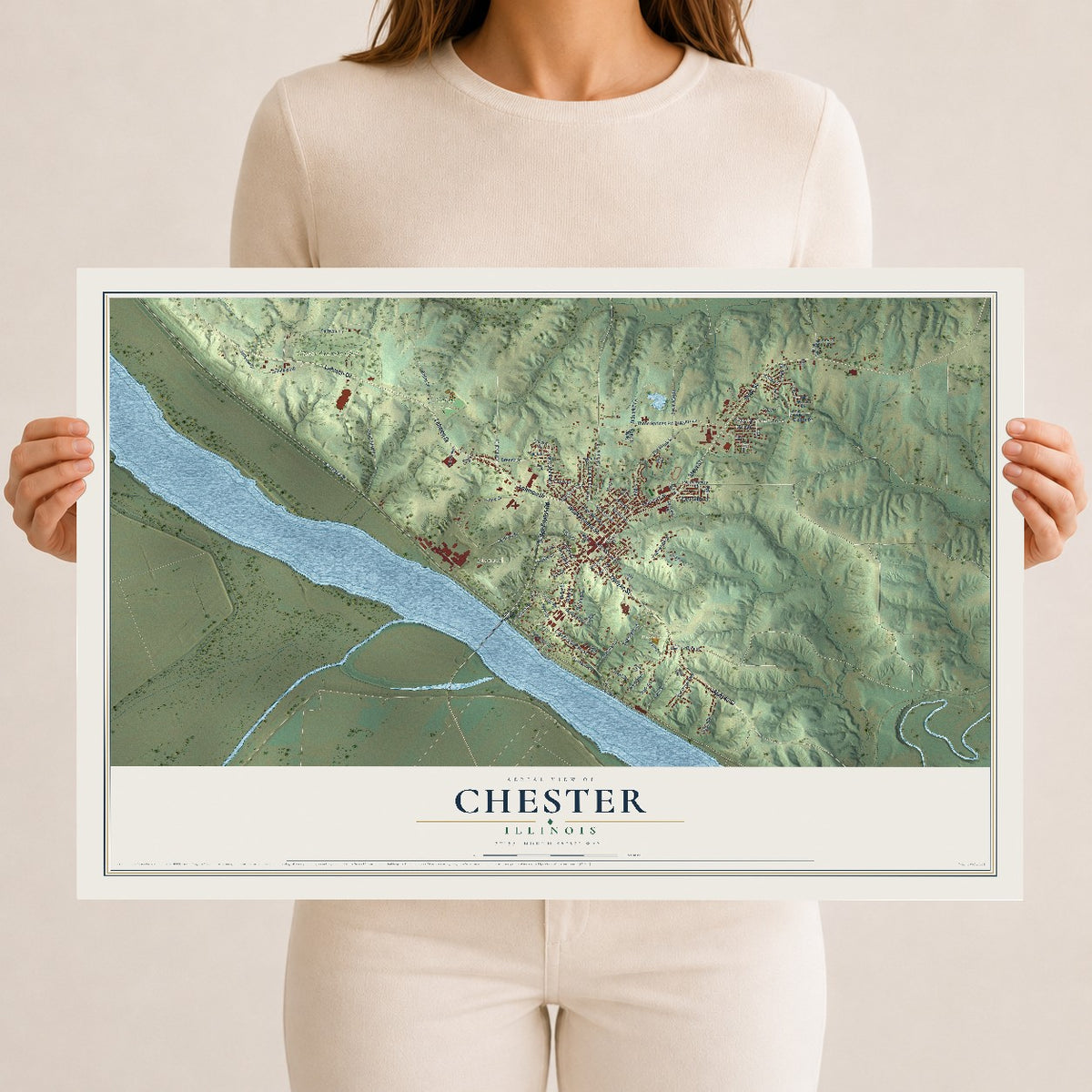 Map of Chester, Illinois, 12 x 18 inch unframed archival matte print