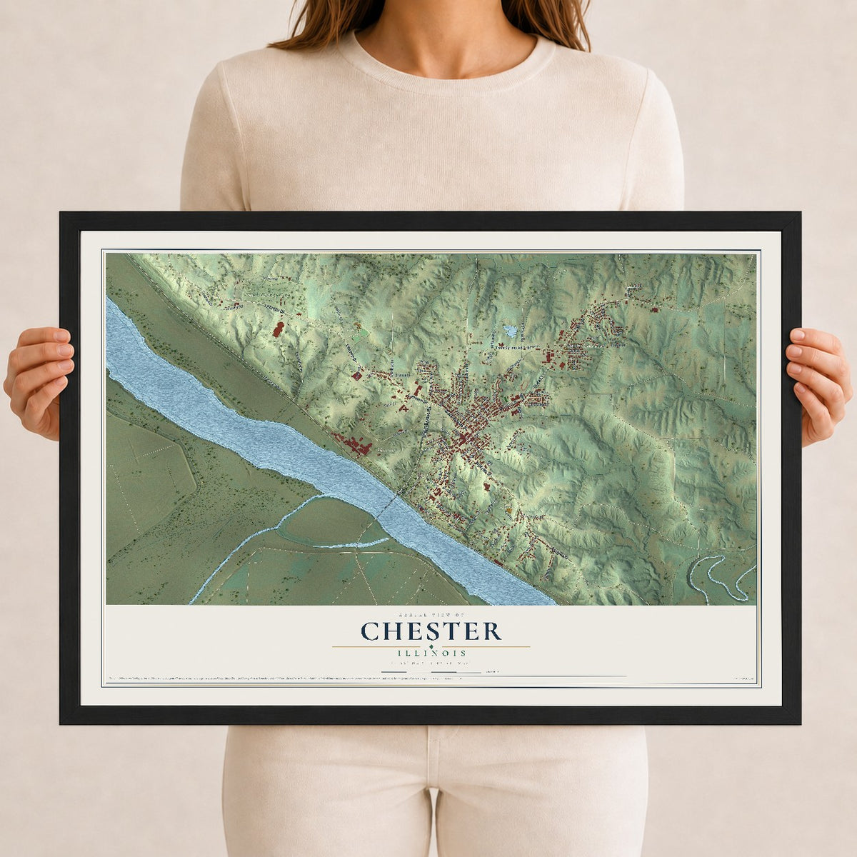 Map of Chester, Illinois, 12 x 18 inch print in a black wood frame