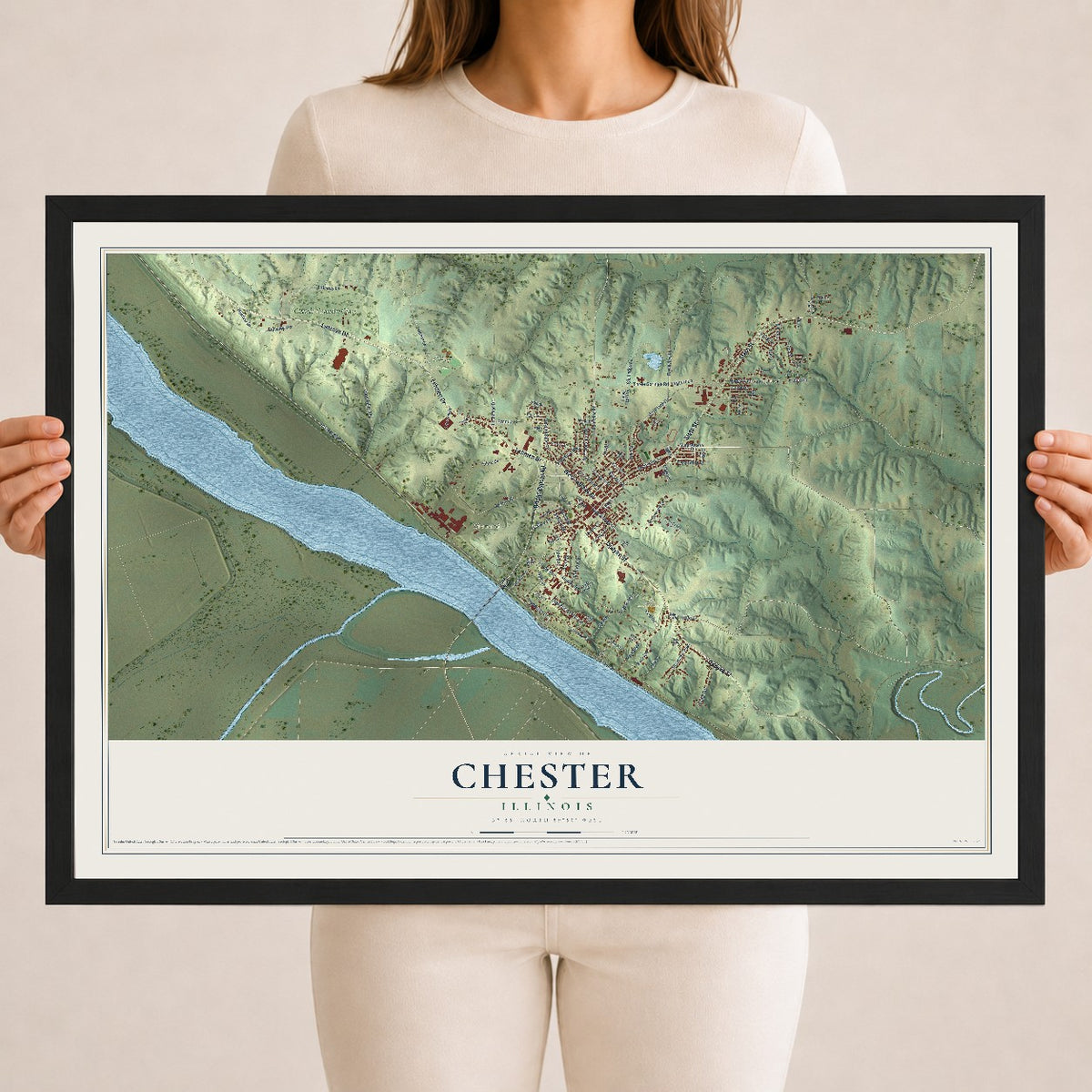 Map of Chester, Illinois, 18 x 24 inch print in a black wood frame