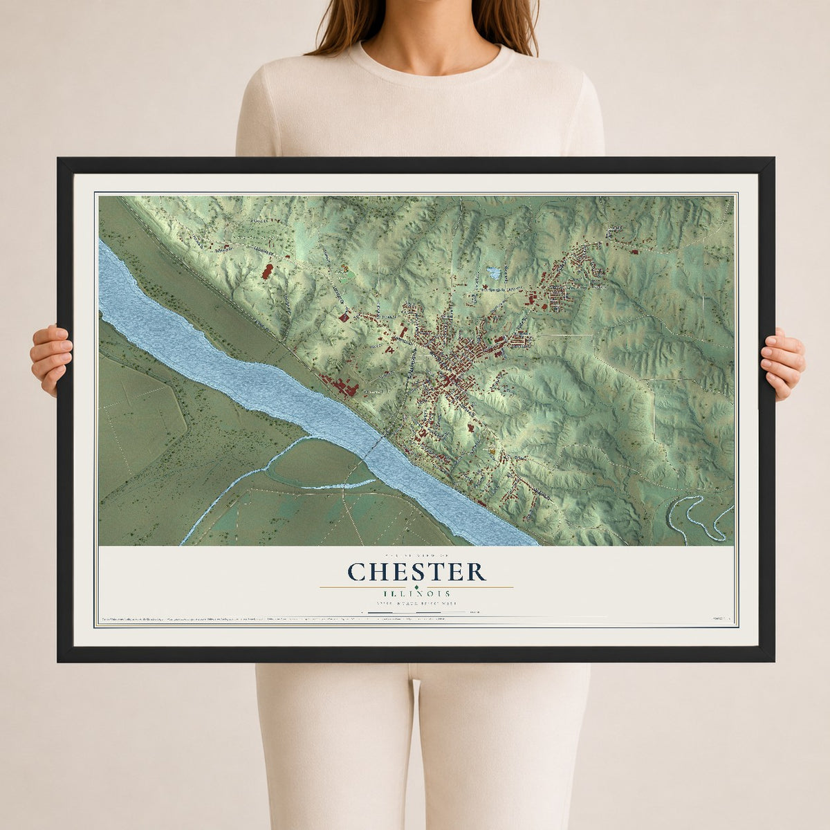 Map of Chester, Illinois, 24 x 36 inch print in a black wood frame