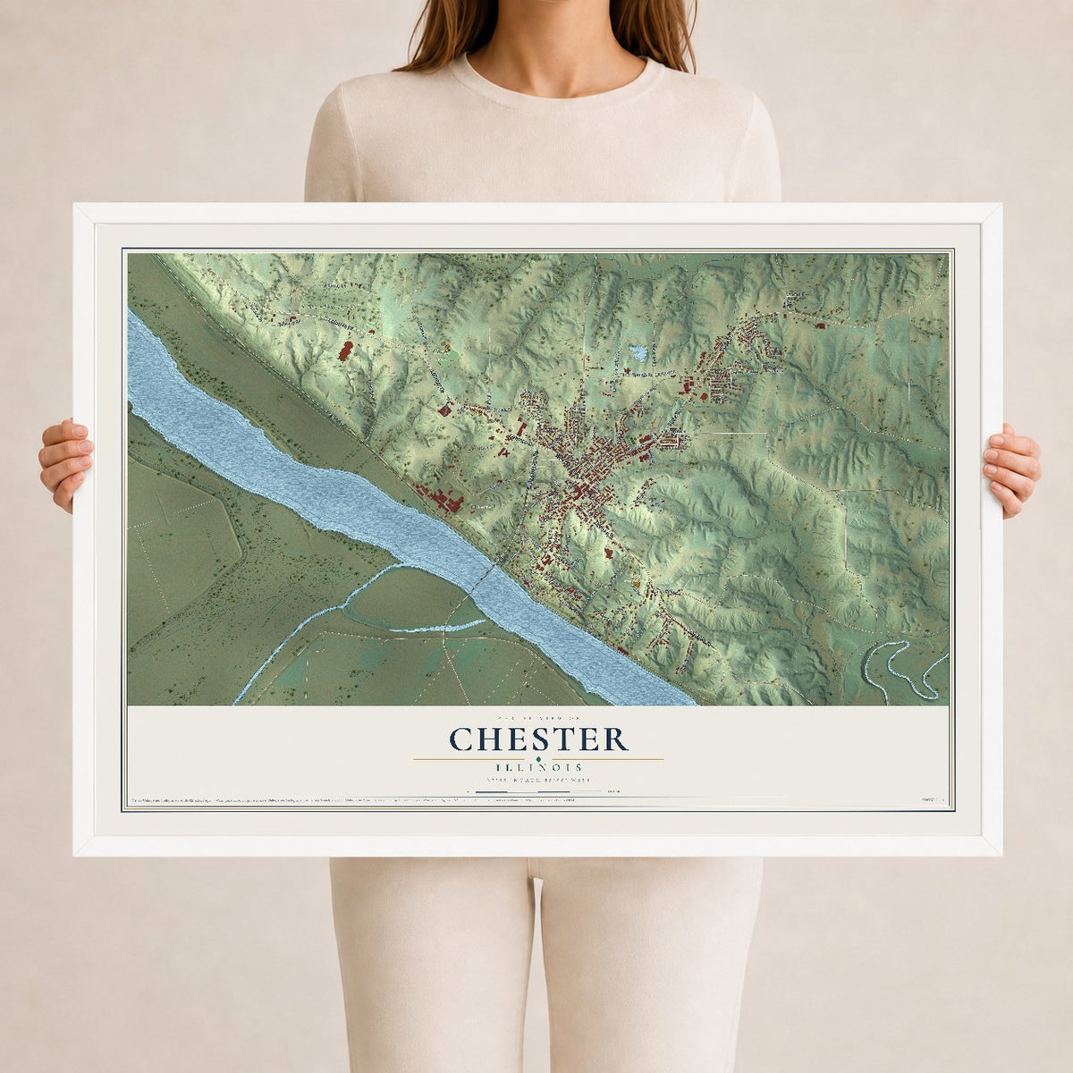 Map of Chester, Illinois, 24 x 36 inch print in a white wood frame