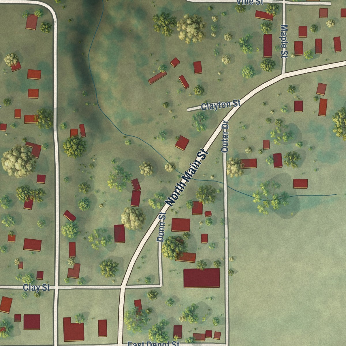 Close-up of the map of Chesterfield, Illinois print showing street and building detail