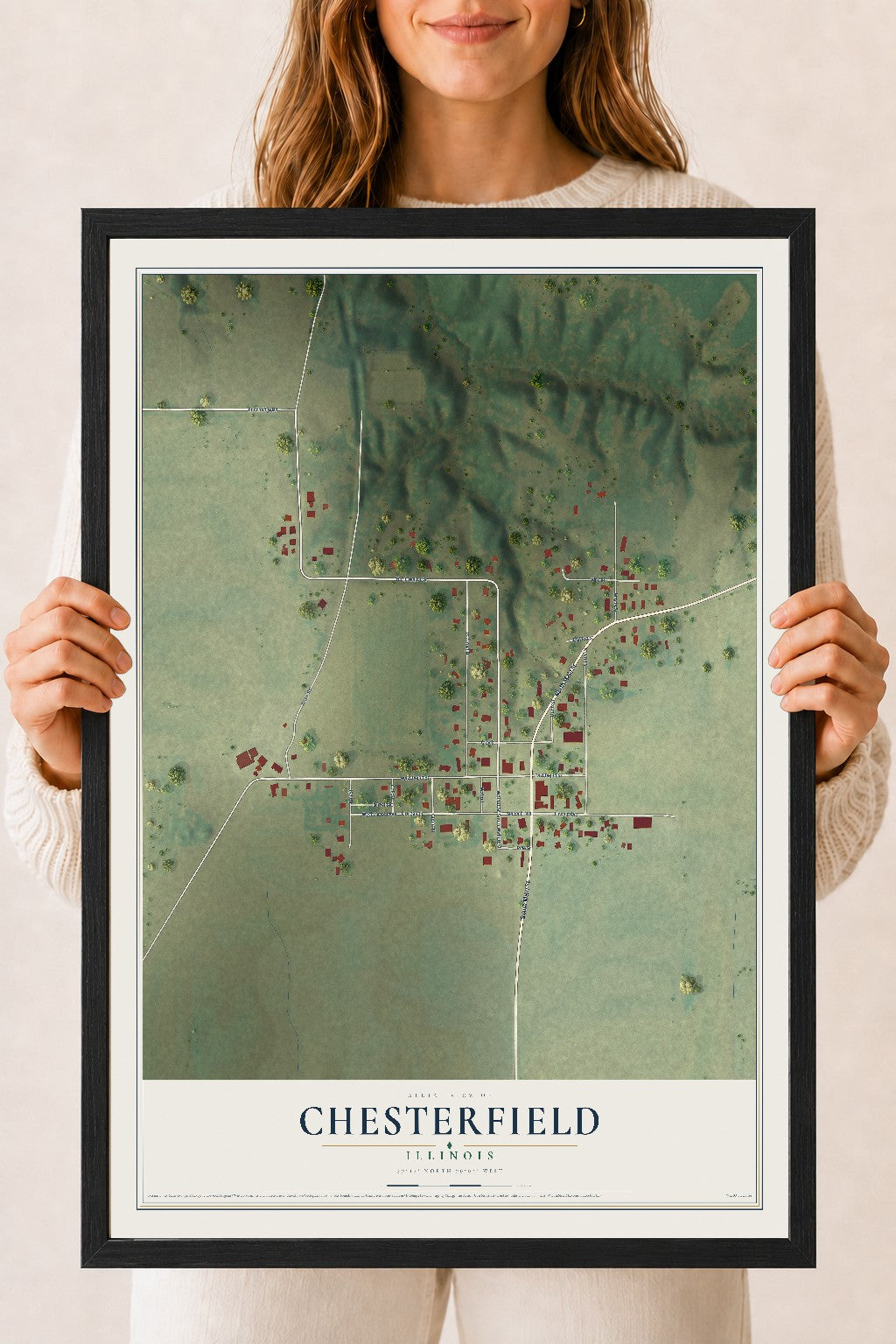 Map of Chesterfield, Illinois, 18 x 24 inch print in a black wood frame