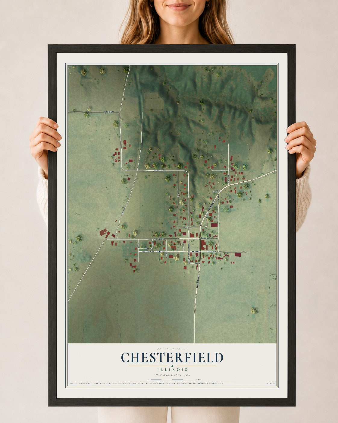Map of Chesterfield, Illinois, 24 x 36 inch print in a black wood frame