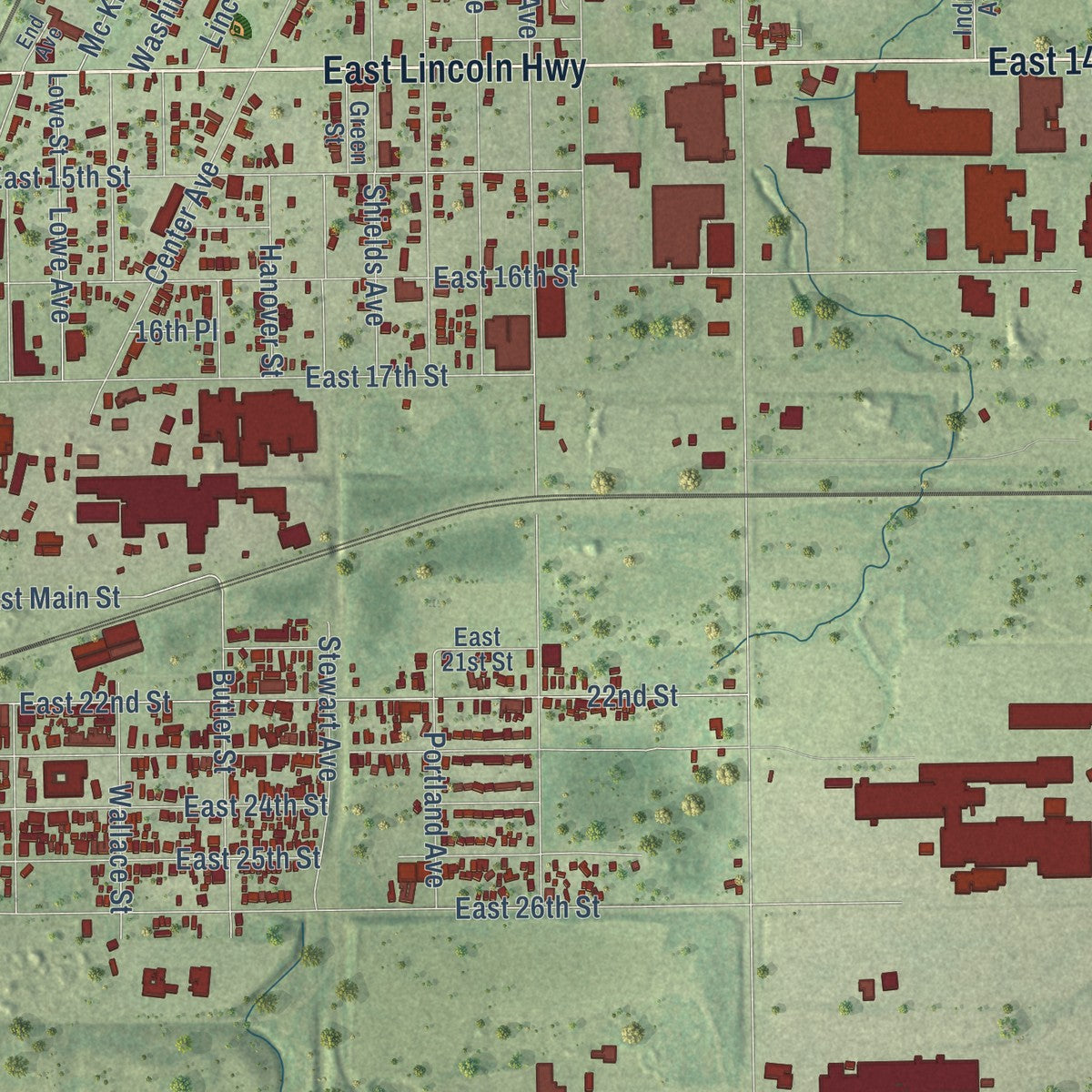 Second close-up of the map of Chicago Heights, Illinois print showing more streets and buildings