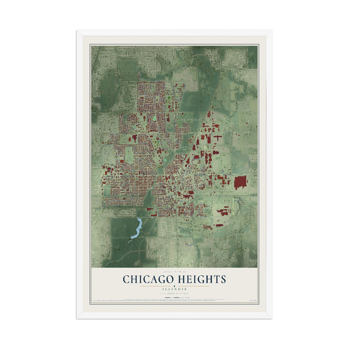 Map of Chicago Heights, Illinois, 12 x 18 inch print in a white wood frame