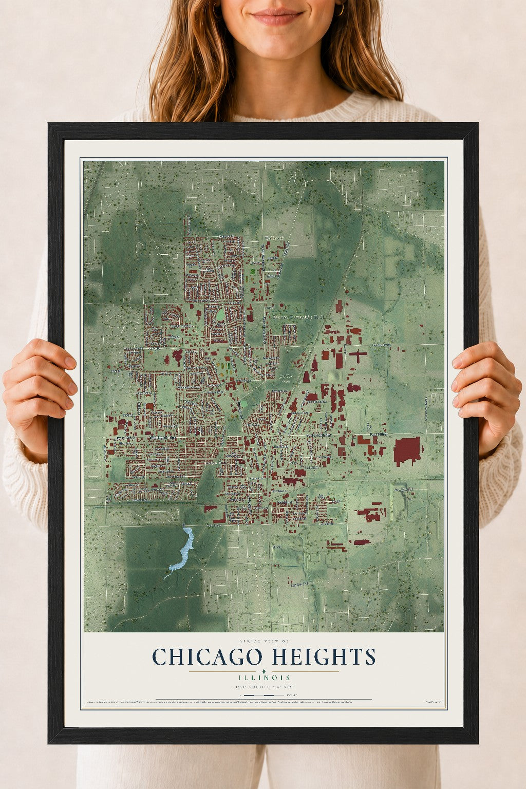 Map of Chicago Heights, Illinois, 18 x 24 inch print in a black wood frame