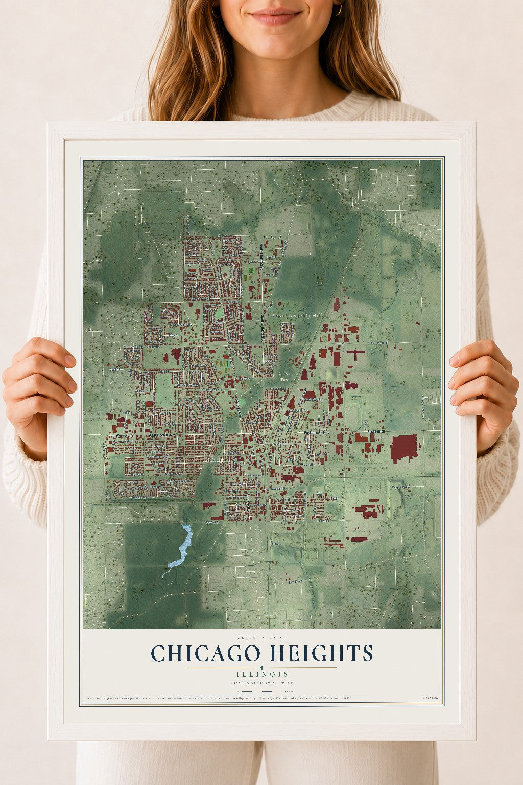 Map of Chicago Heights, Illinois, 18 x 24 inch print in a white wood frame