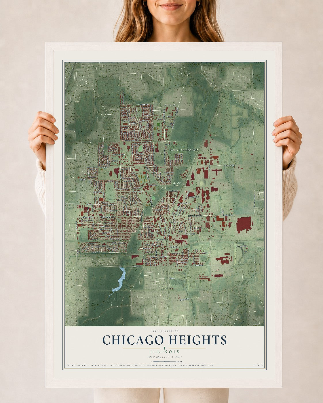 Map of Chicago Heights, Illinois, 24 x 36 inch print in a white wood frame