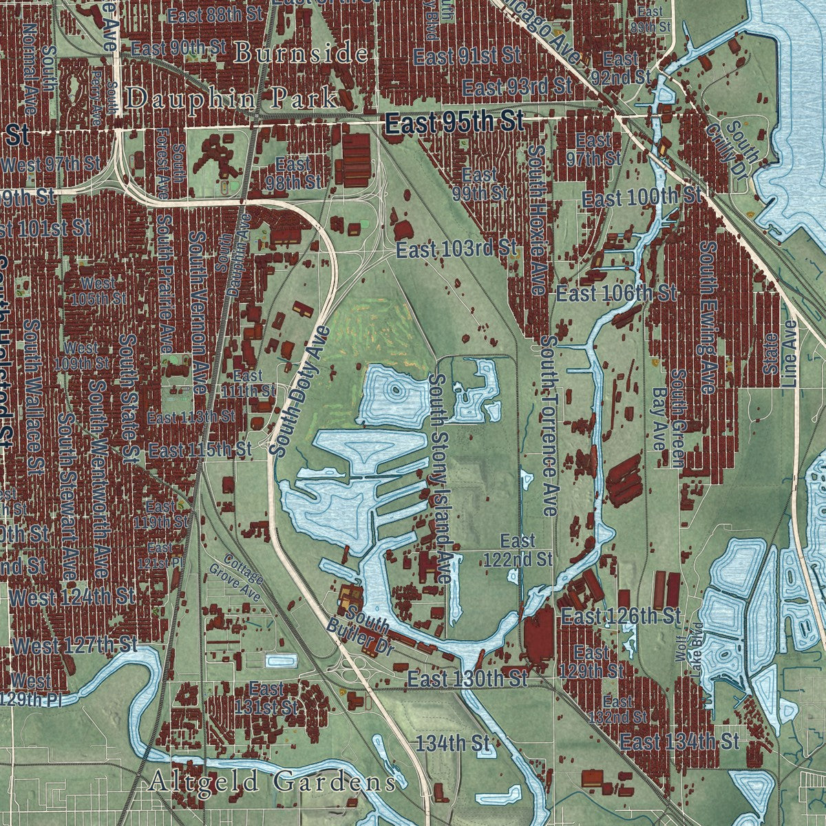 Second close-up of the map of Chicago, Illinois print showing more streets and buildings